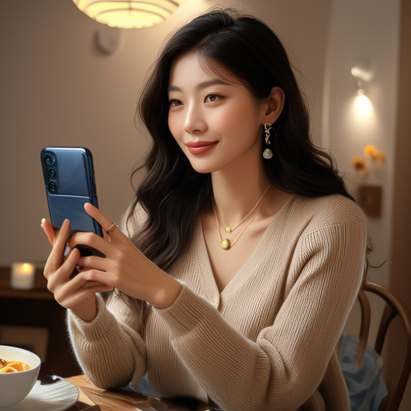 生活瞬间，美女，针织衫，家庭餐桌，4K超清，写实风格，温馨，柔和室内光，皮肤有质感，项链，耳环，手机。