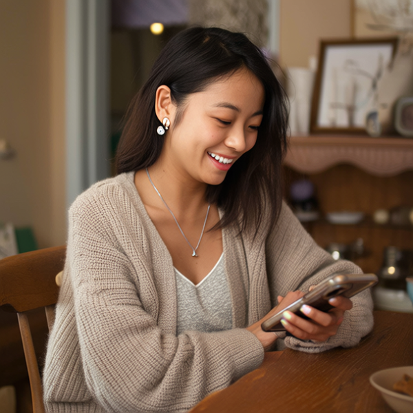 生活瞬间，美女，针织衫，家庭餐桌，4K超清，写实风格，温馨，柔和室内光，皮肤有质感，项链，耳环，手机。