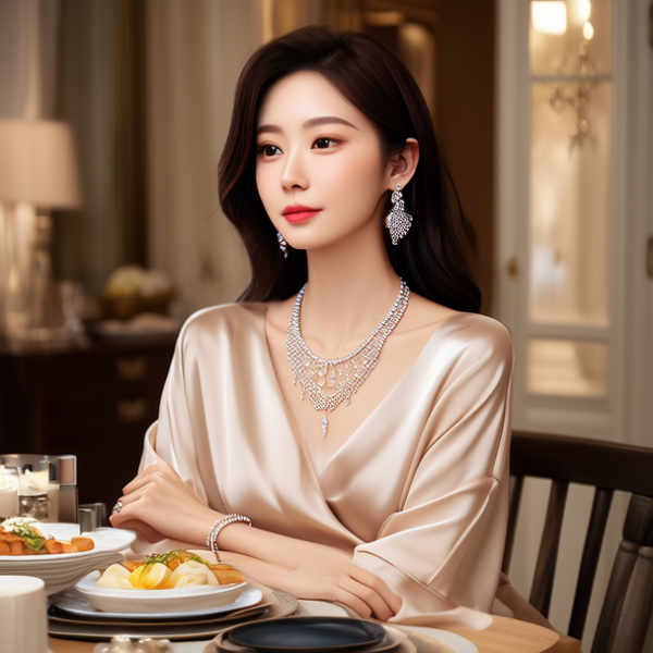 生活瞬间，美女，韩系美女，丝绸，美妆广告，家庭餐桌，4K超清，写实风格，温馨，柔和室内光，细腻皮肤，项链，耳环，手链。