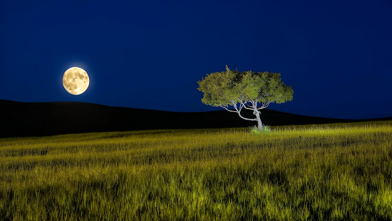 草原，满月，独树，明月斜照