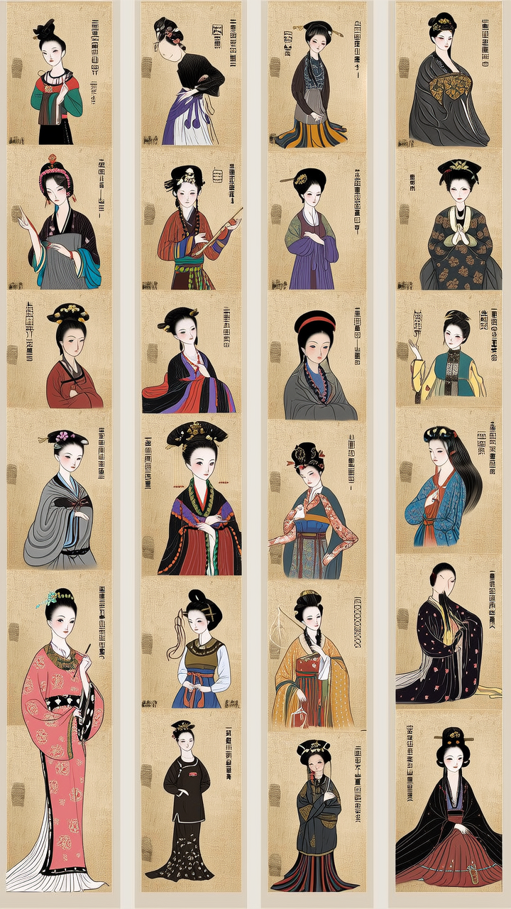 从夏朝到现代，根据文献描述把每个朝代最出名的美女画一幅真人图，需要同框，要求穿自己朝代的衣服。