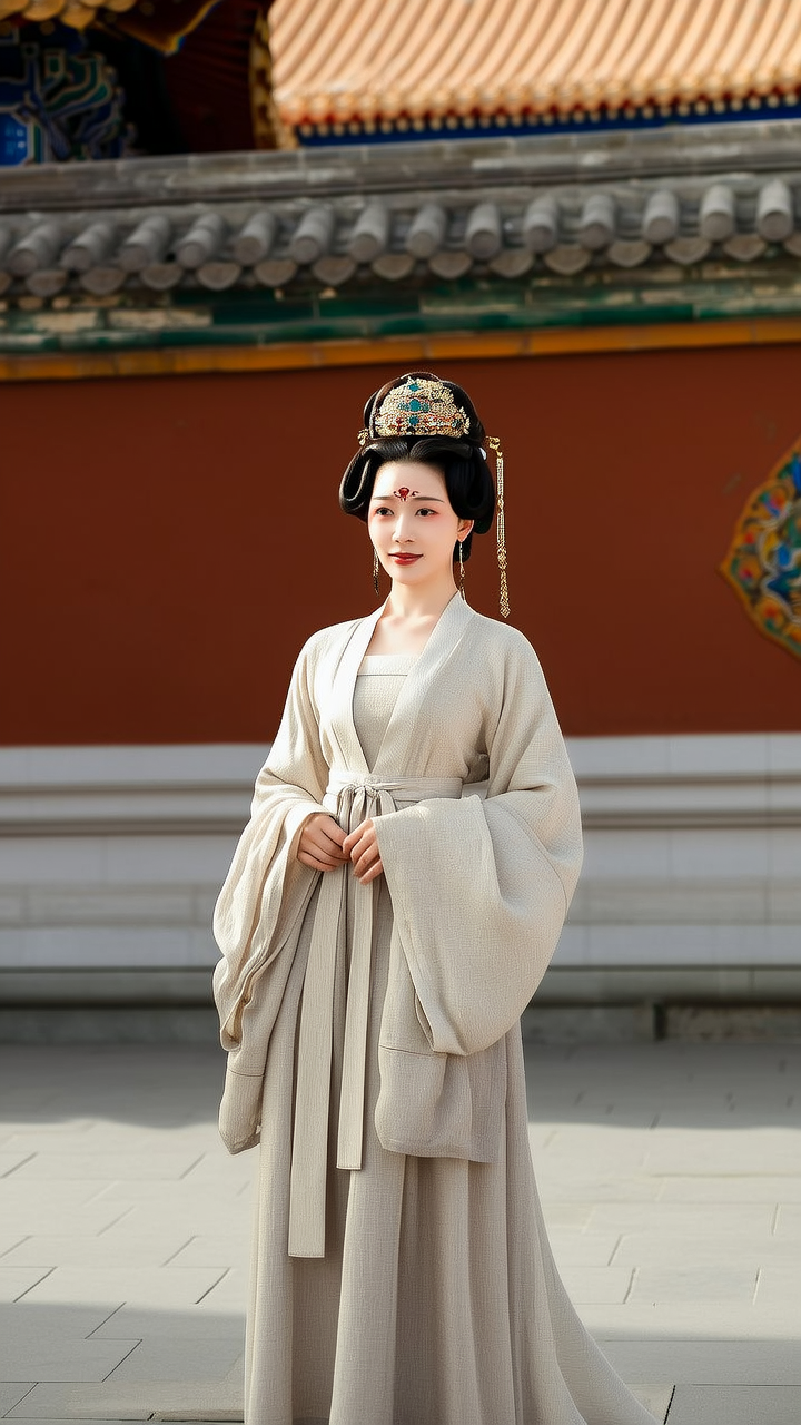 以中国文献内容做参考画一幅夏朝全身美女，要体现当时文化和服装特色，人物要像真人