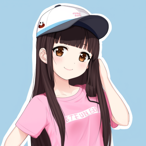 可爱的亚洲长直发女孩，白皮肤，戴棒球帽，大大的棕色圆眼睛，穿粉色T恤