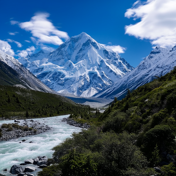 自然风光，雪山，河流瀑布，覆盖雪的山峰，蓝天白云，4K超清，真实主义，冷静，阳光，冷峻刚硬