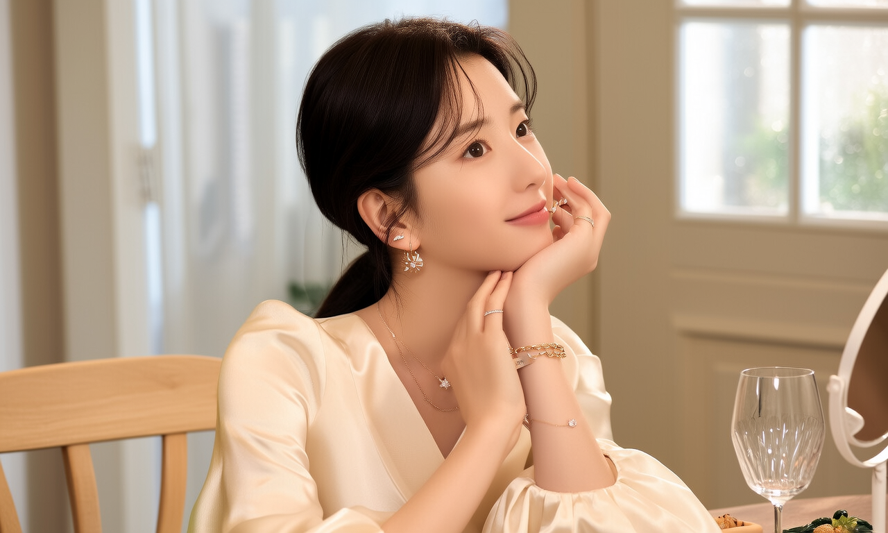 生活瞬间，美女，韩系美女，丝绸，美妆广告，家庭餐桌，4K超清，写实风格，温馨，柔和室内光，细腻皮肤，项链，耳环，手链。