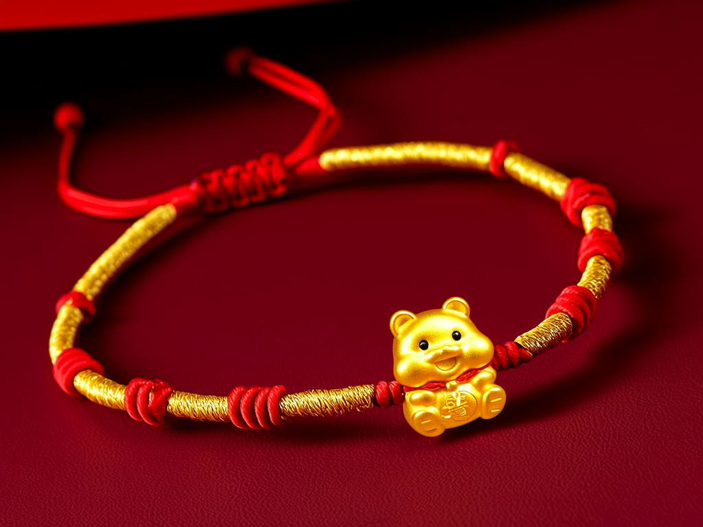 红绳穿黄金手链图片